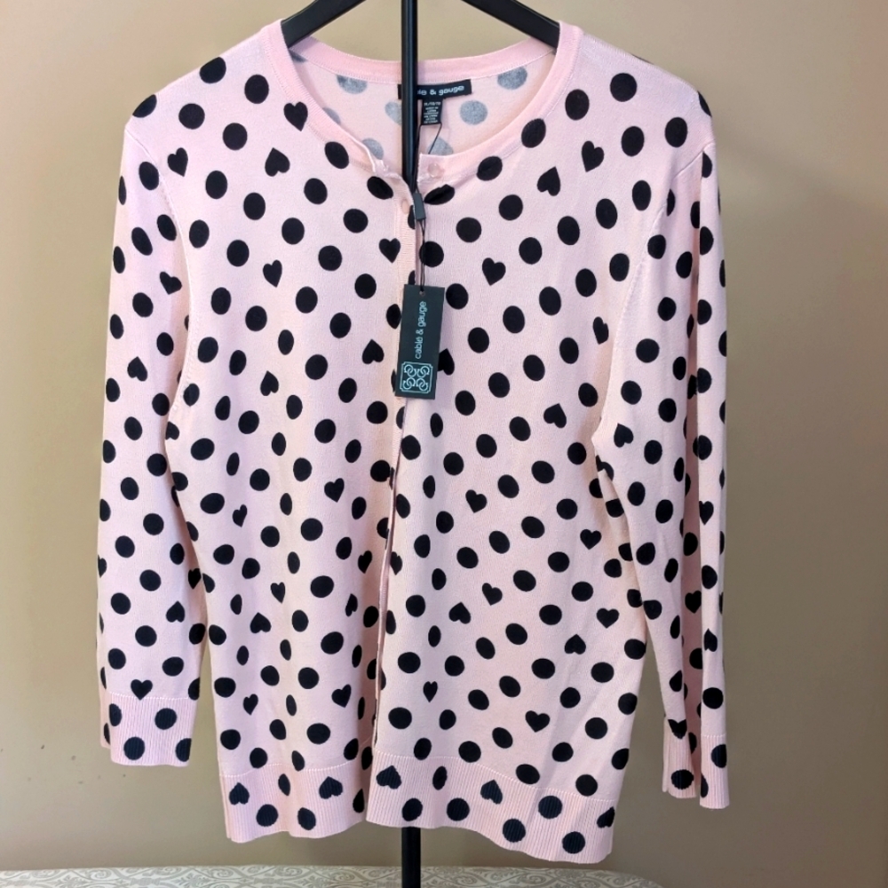 Cable & Gauge Pink Cardigan with Black Polka Dots And Hearts size XL